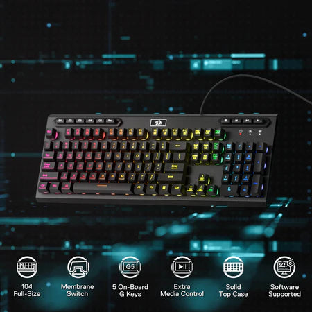 Redragon K513 RGB Membrane Gaming Keyboard, Standard 104 Keys Linear Mechanical-Feel Keyboard w/ 5 Extra On-Board Macro G Keys, Dedicated Media Control, Solid Metal Top Case