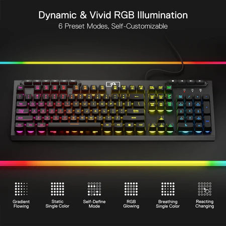 Redragon K513 RGB Membrane Gaming Keyboard, Standard 104 Keys Linear Mechanical-Feel Keyboard w/ 5 Extra On-Board Macro G Keys, Dedicated Media Control, Solid Metal Top Case