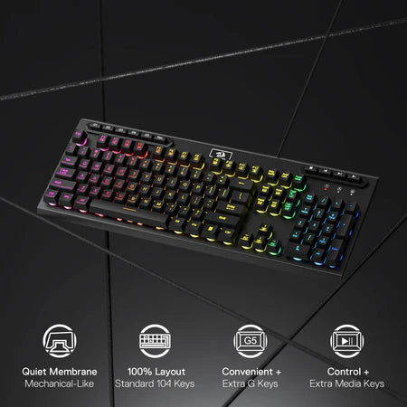 Redragon K513 RGB Membrane Gaming Keyboard, Standard 104 Keys Linear Mechanical-Feel Keyboard w/ 5 Extra On-Board Macro G Keys, Dedicated Media Control, Solid Metal Top Case